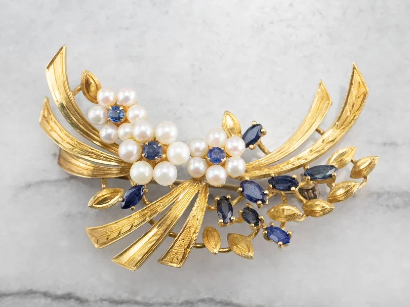 oversized brooches for women -Vintage Gold Marquise Sapphire and Pearl Brooch