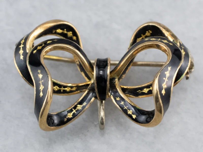 wedding brooches for bridesmaids -Vintage Black Enamel Gold Bow Brooch