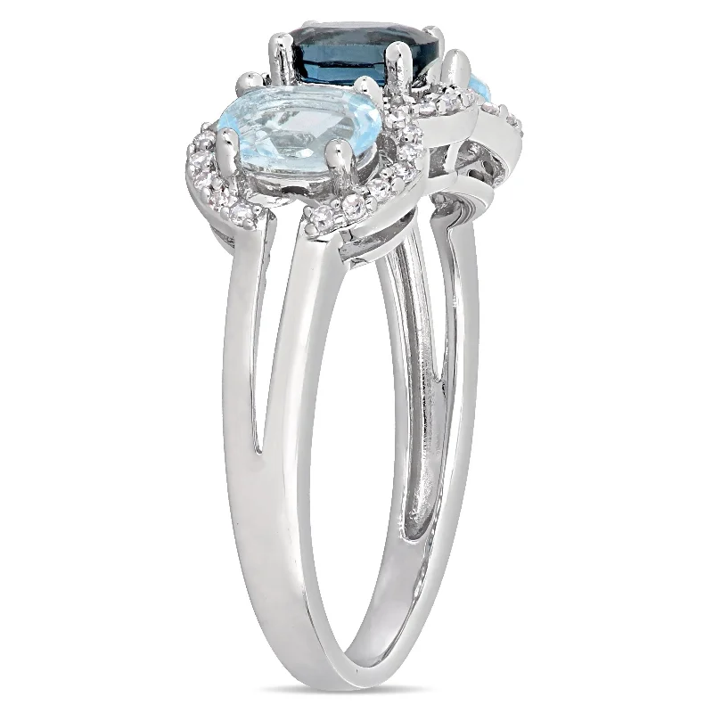 fashion rings for women -Miadora 1 3/5ct TGW London & Sky Blue Topaz and 1/5ct TW Diamond 3-Stone Halo Ring in Sterling Silver