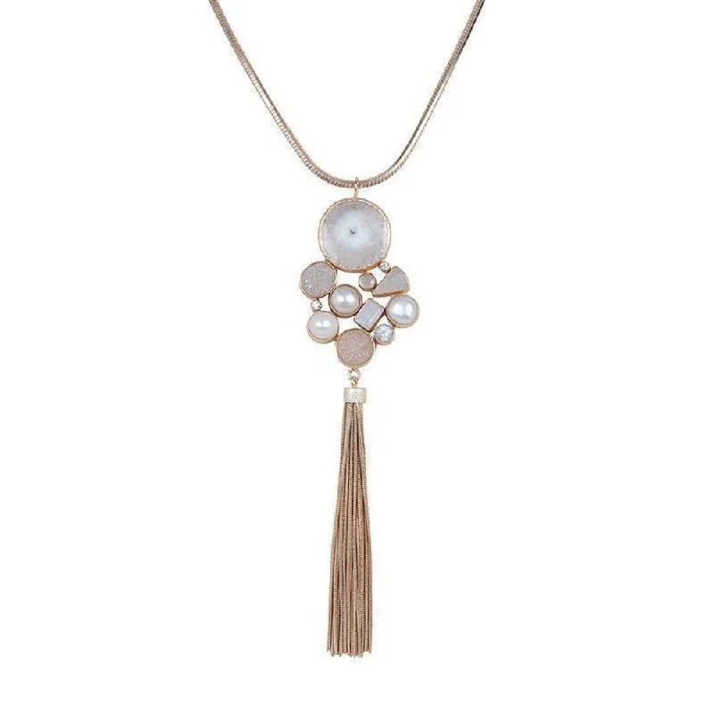 minimalist necklaces for women -Druzy, Moonstone, and Pearl Tassel Necklace