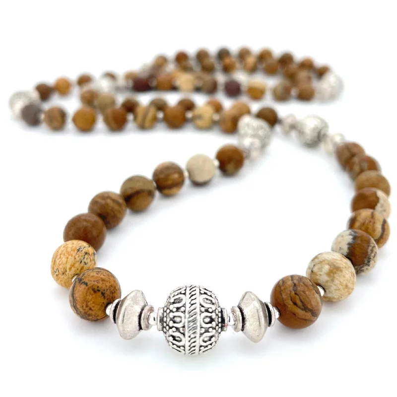 rose gold choker necklaces -LONG Picture Jasper & Silver BEADED NECKLACE