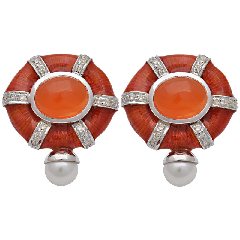 clip-on earrings for women -Earrings-Cornelian, Fresh Water Pearl and Diamond (Enamel)