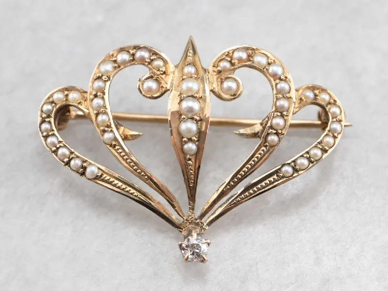 artistic brooches for women -Antique Diamond and Seed Pearl Brooch