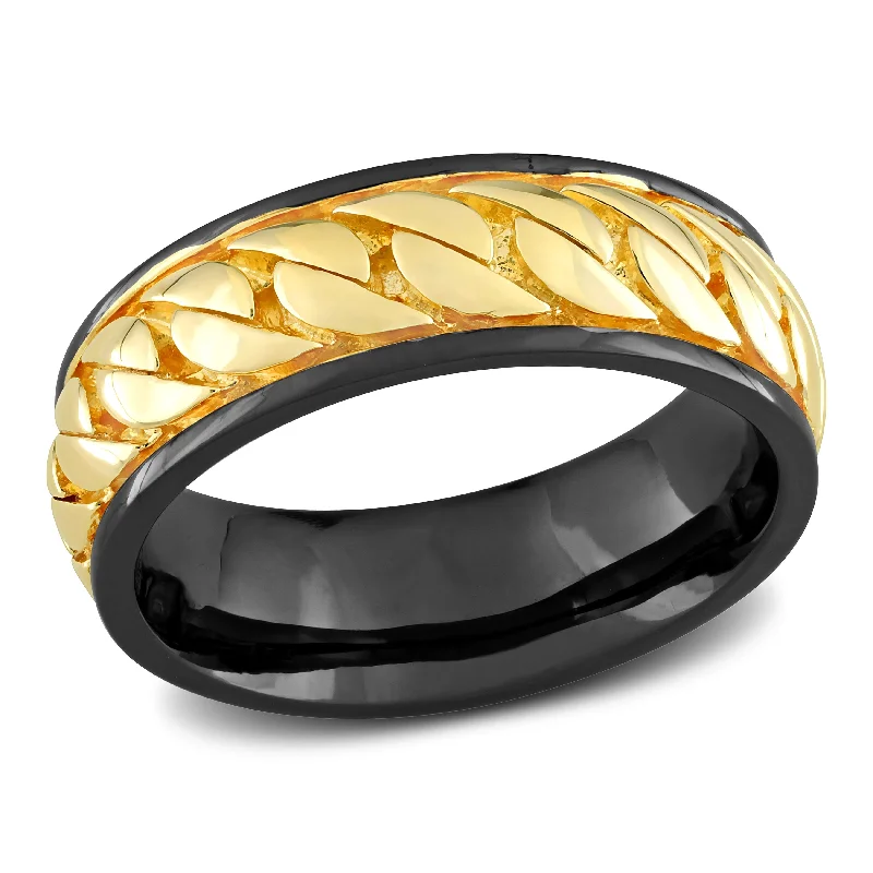 custom engraved rings -Miadora Ribbed Design Mens Ring in Sterling Silver Black and Yellow