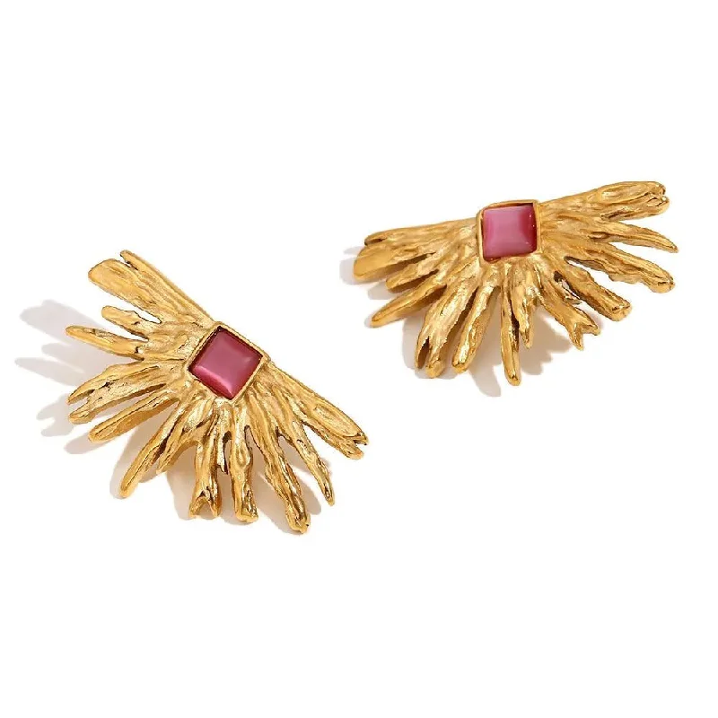 rose gold earrings for women -Sunburst Earrings with Red Gem – Statement Jewellery for Women