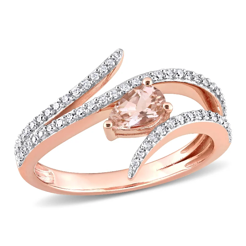 fashion rings for women -Miadora 3/8ct TGW Pear Shape Morganite and 1/4ct Diamond Open Wrap Ring in 10k Rose Gold