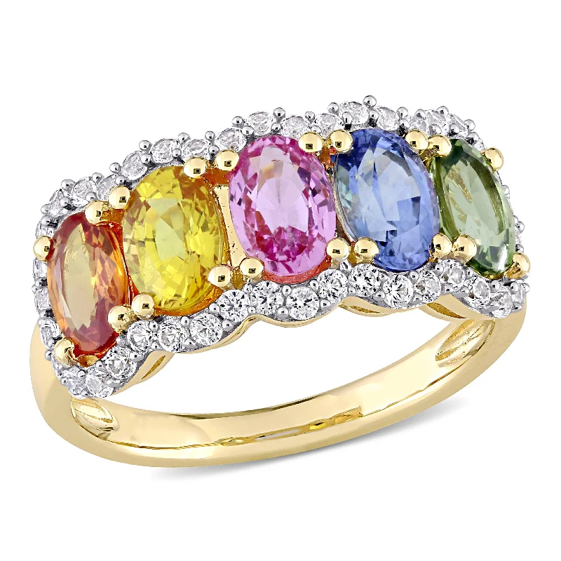 fashion engagement rings -Miadora 3 1/3ct TGW Multi-Color Sapphire 5-Stone Halo Ring in 14k Yellow Gold