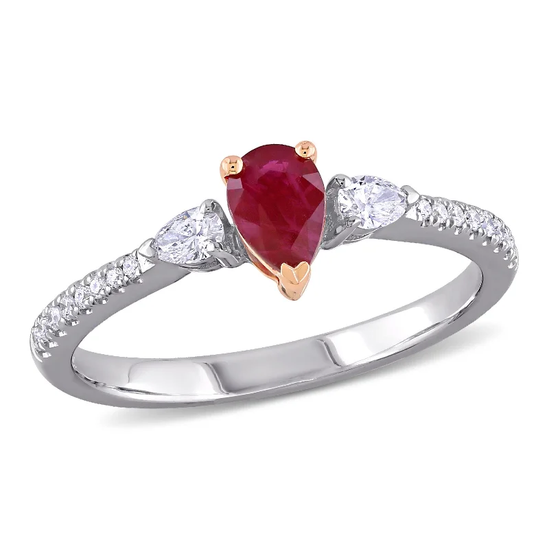 eternity diamond rings for women -Miadora 2/8ct TGW Pear Shape Ruby and 1/4ct TDW Diamond 3-stone Ring in Two-Tone 14k White & Rose Gold