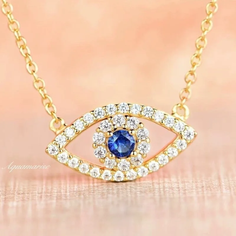 charm necklaces for women -Evil Eye Sapphire Necklace- 14K Yellow Gold Vermeil