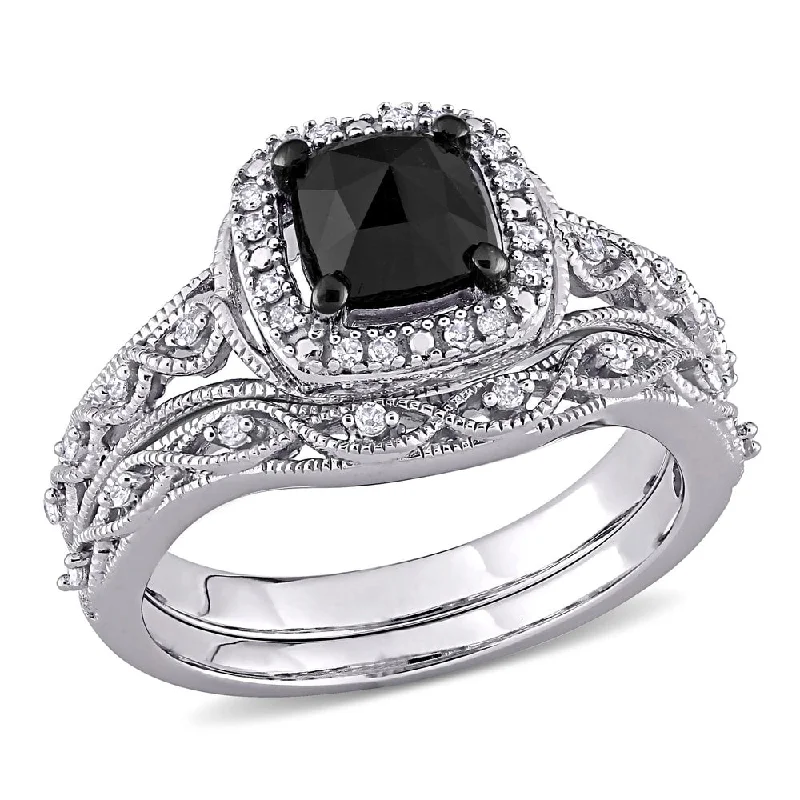 custom rings for women -Miadora 10k White Gold 1 1/5ct TDW Cushion Black and White Diamond Vintage Halo Wedding Ring Set