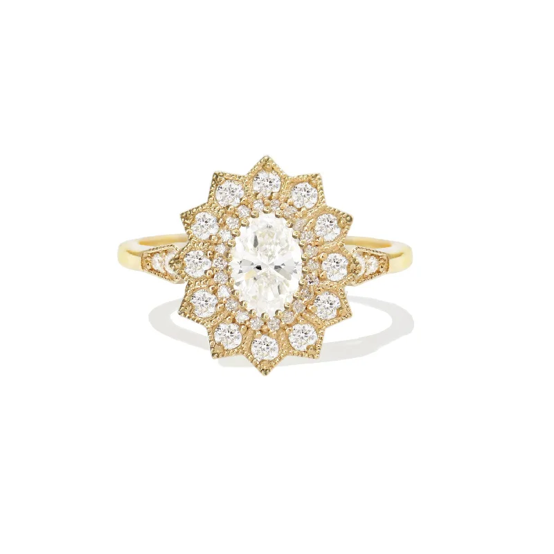 vintage engagement rings -Oval Diamond Mosaic Sunflower Ring