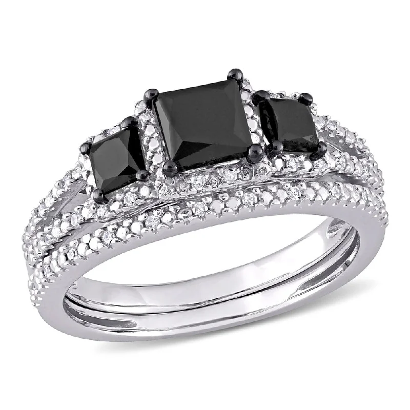 trendy rings for women -Miadora 10k White Gold 1 5/8ct TDW Princess-cut Black and White Diamond 3-Stone Bridal Ring Set