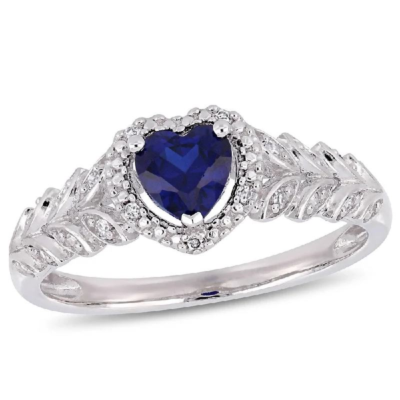 heart-shaped rings for women -Miadora 10k White Gold Created Blue Sapphire and Diamond Heart Halo Ring