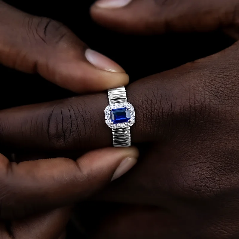 chunky rings for women -Diamond Emerald Cut Sapphire Textured Ring in White Gold Vermeil