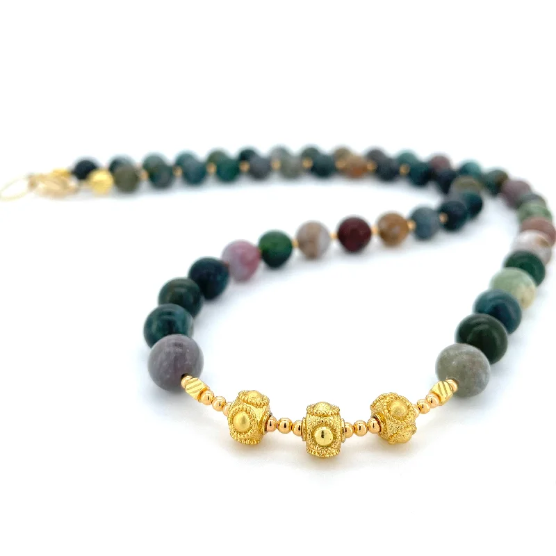 gemstone necklaces for women -SHORT Indian Agate & Gold BEADED NECKLACE