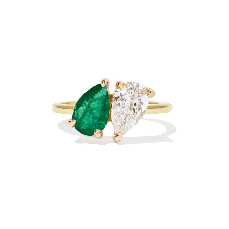 art deco rings for women -Pear Shaped Emerald & Diamond Toi et Moi Ring