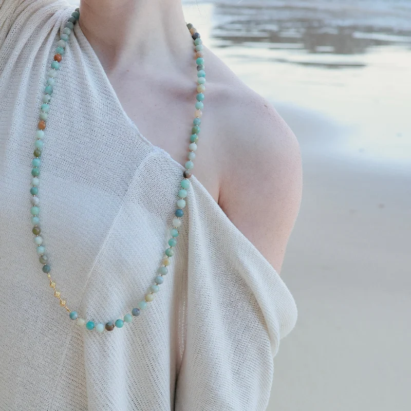 trendy necklaces for women -LONG Amazonite & Gold BEADED NECKLACE