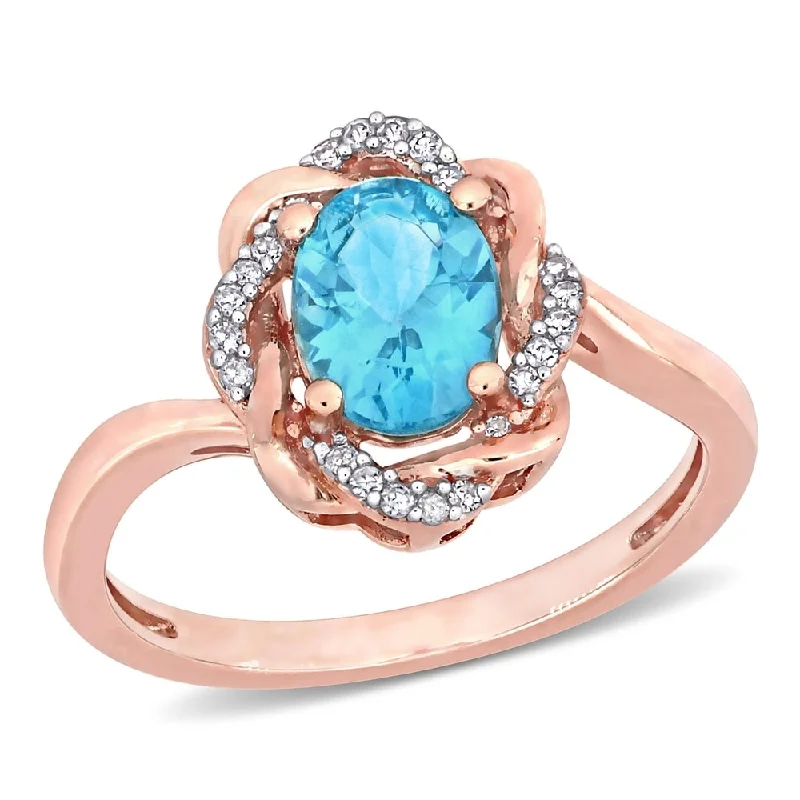 trendy rings for women -Miadora 10k Rose Gold Oval-cut Apatite & 1/10ct TDW Diamond Twisted Halo Ring