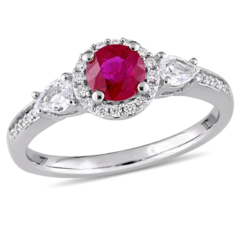 wedding bands for women -Miadora 1ct TGW Ruby and White Sapphire 3-Stone Ring 1/8ct TW Diamond Halo in 14k White Gold