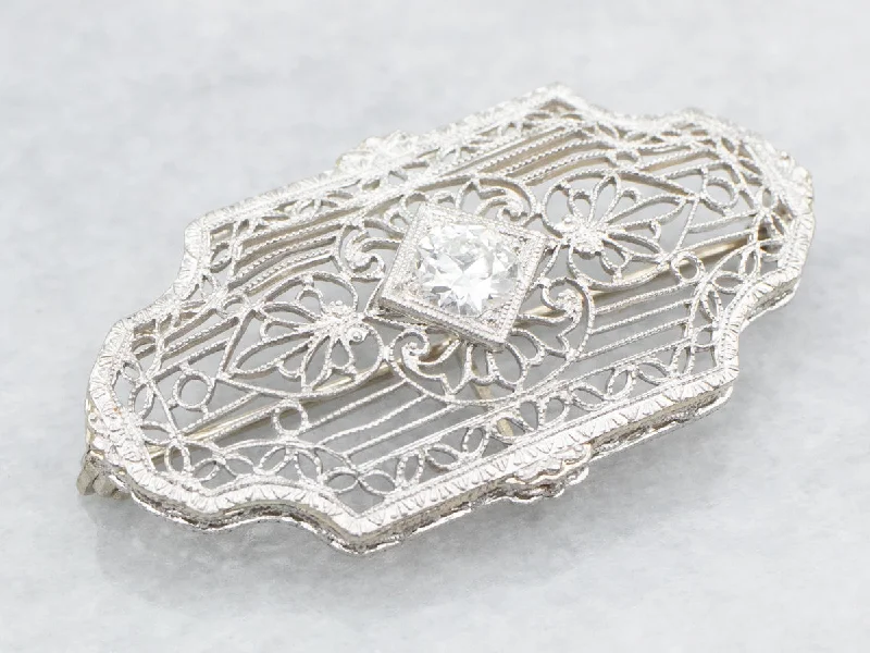 silver brooches for women -Art Deco Diamond Filigree Brooch