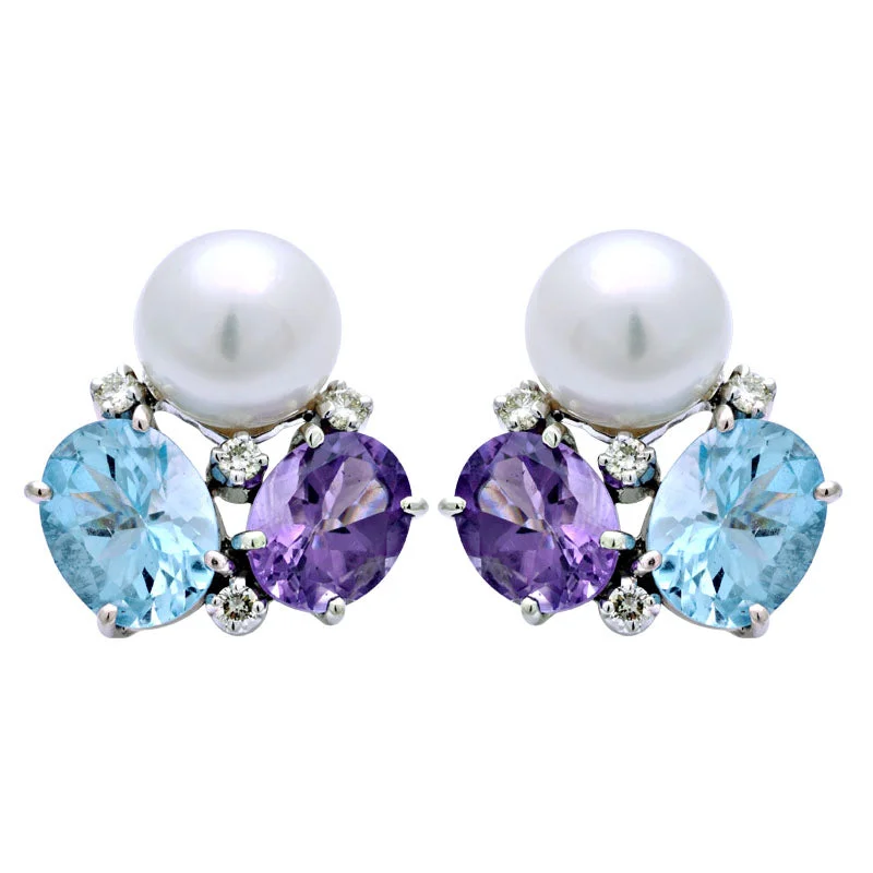 cubic zirconia earrings for women -Earrings-Amethyst, Blue Topaz, South Sea Pearl and Diamond