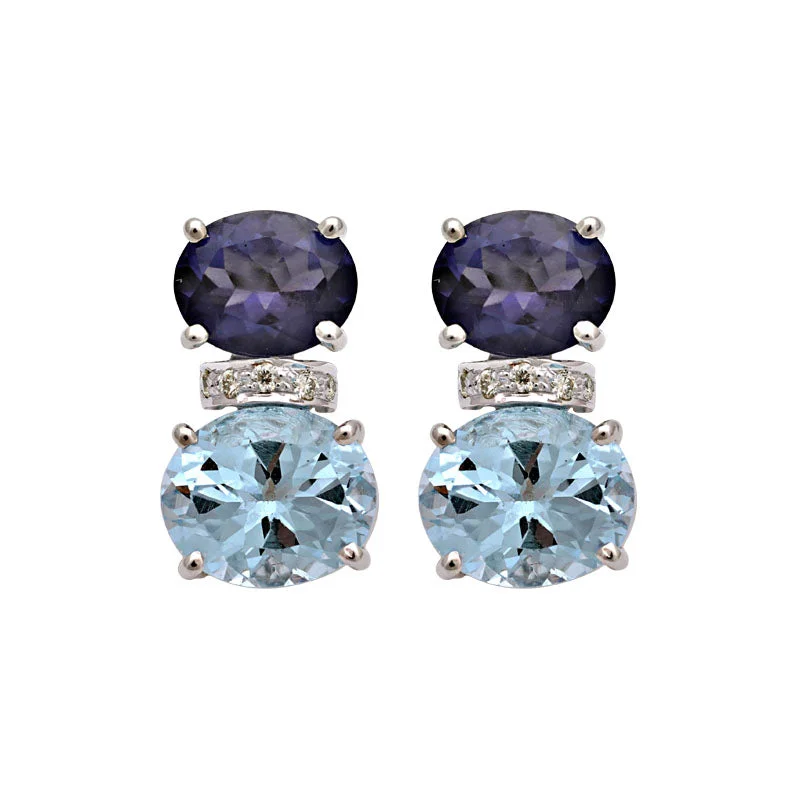 trendy earrings for women -Earrings-Iolite, Blue Topaz and Diamond