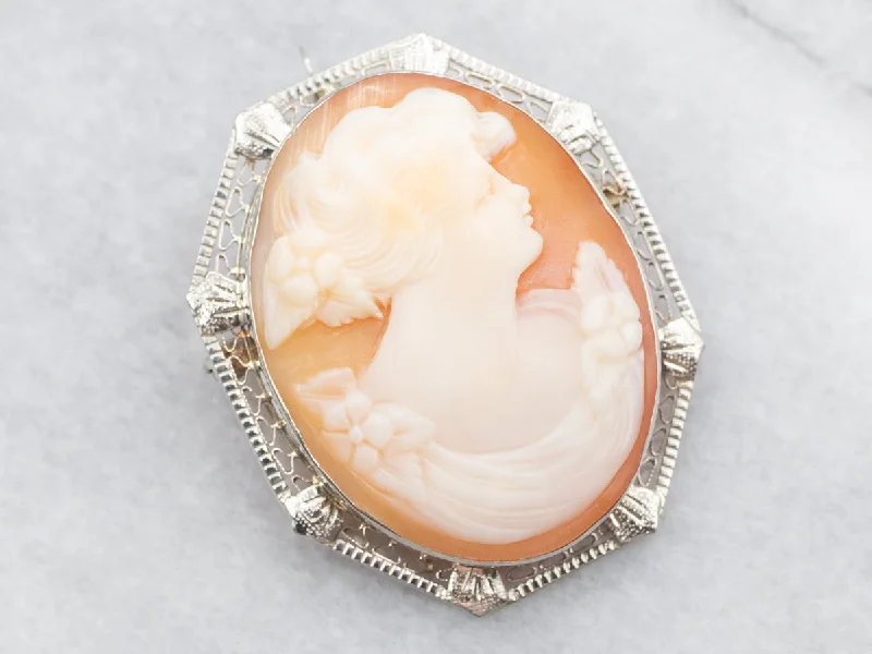 wedding brooches for bridesmaids -White Gold Oval Cut Cameo Brooch or Pendant with Filigree Frame