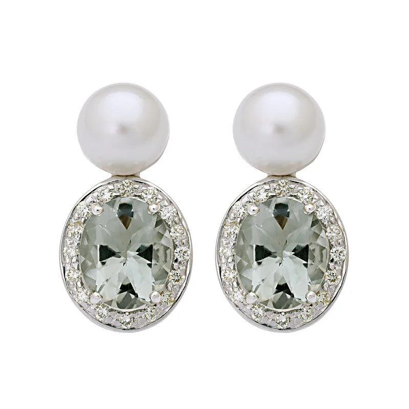 cluster earrings for women -Earrings-Green Quartz, South Sea Pearl and Diamond