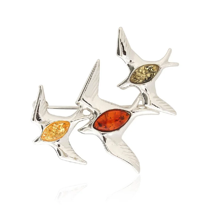 simple brooches for women -Silver & Amber Swallow Brooch - Goldmajor