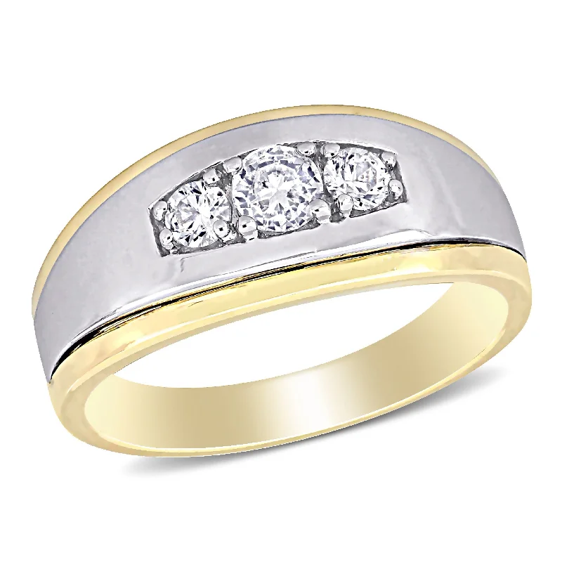 vintage engagement rings -Miadora 5/8 CT TGW Created White Sapphire 3-Stone Mens Ring in 10k White and Yellow Gold