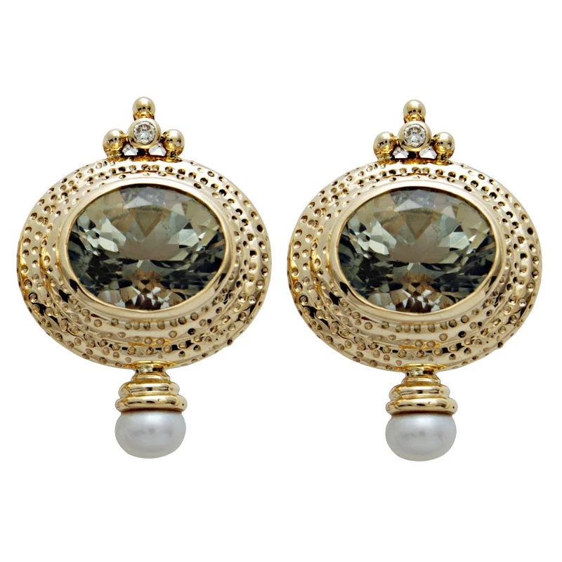 elegant earrings for women -Earrings-Green Quartz, Pearl and Diamond