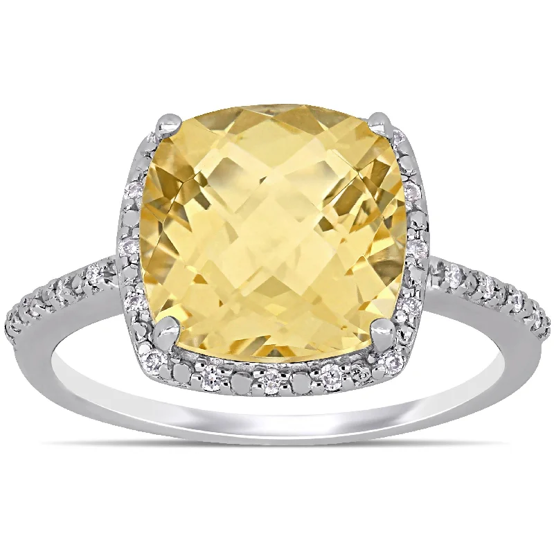 oval rings for women -Miadora Sterling Silver Cushion-Checkerboard-Cut Citrine and 1/10ct TDW Diamond Cocktail Ring