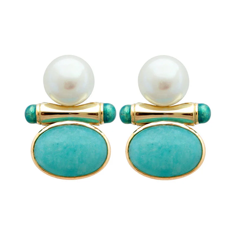 elegant gemstone earrings -Earrings-Amazonite and Pearl (Enamel)