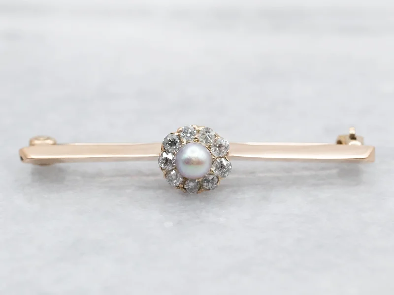 custom designed brooches -Pearl and Diamond Halo Bar Brooch