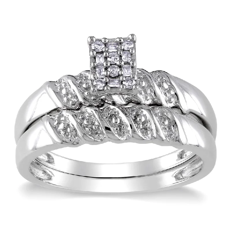 statement rings for women -Miadora Sterling Silver 1/10ct TDW Baguette and Round-cut Diamond Cluster Bridal Ring Set