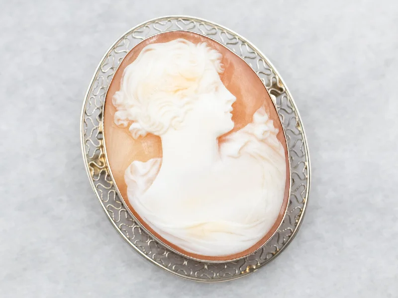 luxury brooches for women -White Gold Cameo Brooch with Filigree Frame