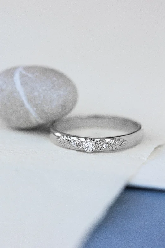 READY TO SHIP: White gold wreath wedding band with three lab grown diamonds, AVAILABLE RING SIZES 7.5US