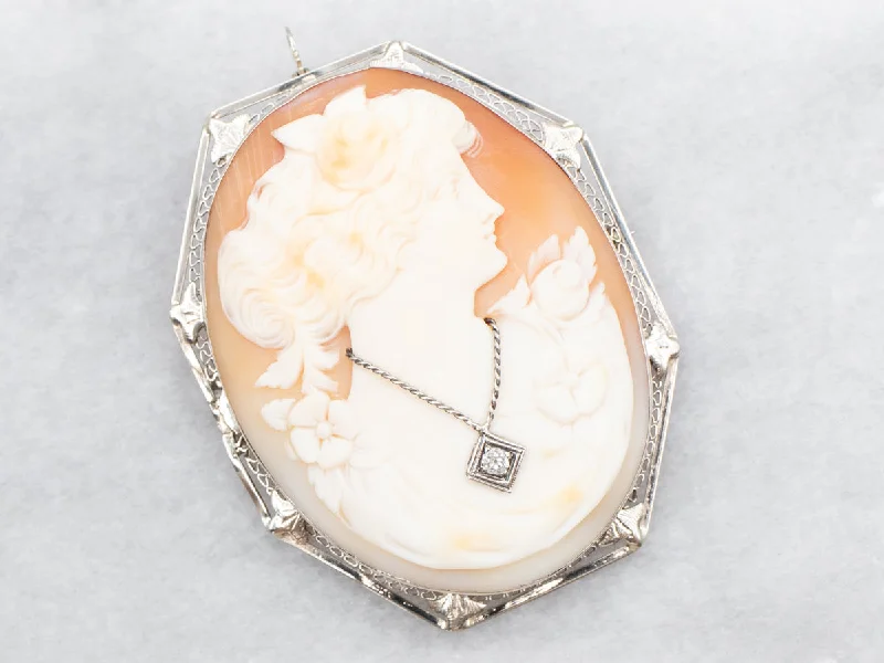 rose gold brooches -Art Deco Old Mine Cut Diamond Cameo Brooch or Pendant