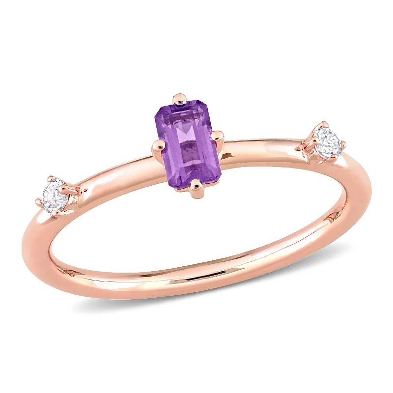 art deco rings for women -Miadora 2/5ct TGW Emerald-Cut Amethyst and White Topaz Stackable Ring in 10k Rose Gold