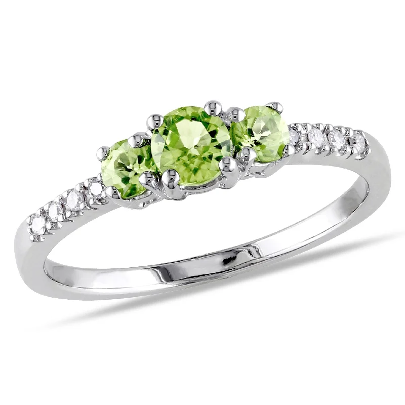 gemstone rings for women -Miadora 1/2ct TGW Peridot 3-Stone Ring with Diamond Accents in 10k White Gold