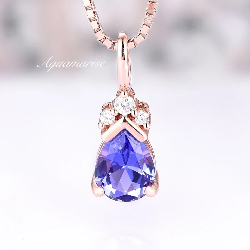 floral necklaces for women -Teardrop Tanzanite Pendant Necklace- 14K Rose Gold Vermeil