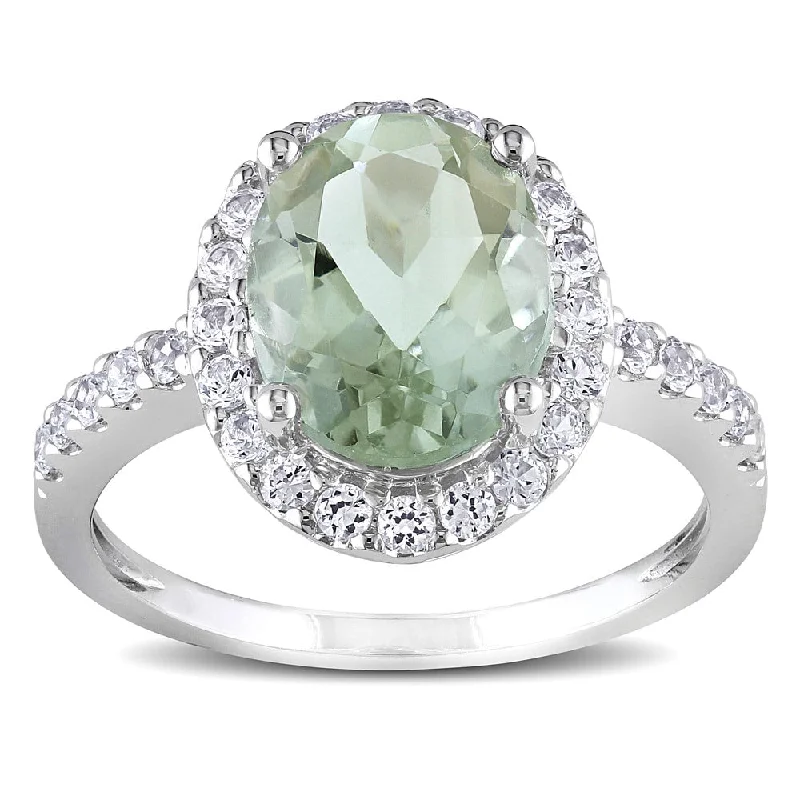 engagement rings for women -Miadora 10k White Gold Green Amethyst and Created White Sapphire Halo Ring