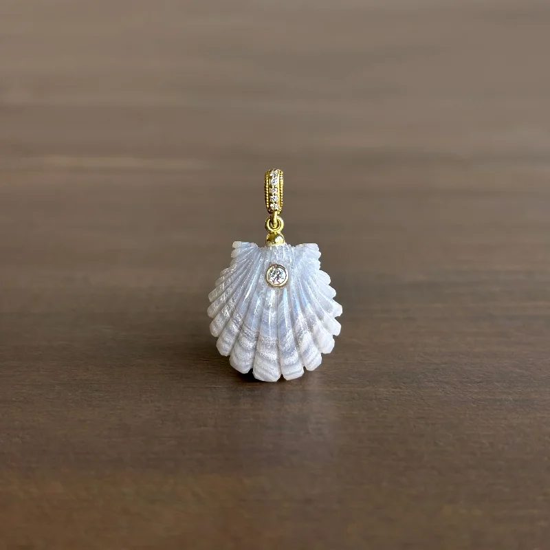 stylish pearl necklaces for women -Small Hand Carved Laguna Agate Scallop Shell Pendant with Diamond