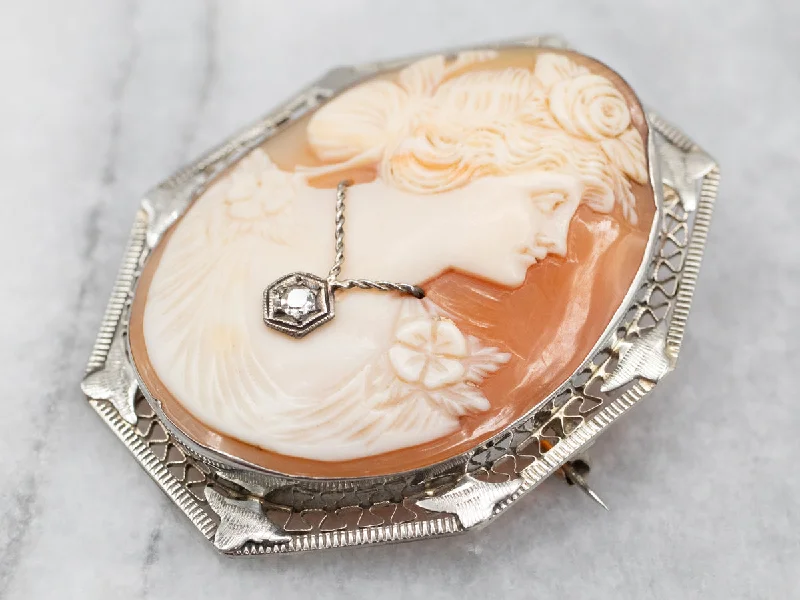 vintage flower brooches -Exquisite Two Tone Cameo Brooch or Pendant with Diamond Accent