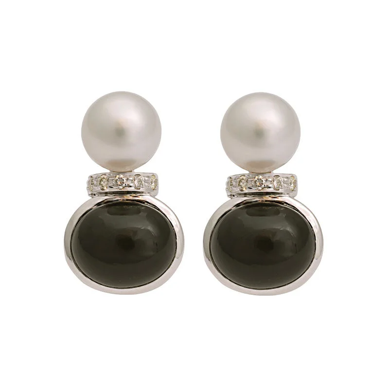 dangle earrings for women -Earrings-Black Onyx, South Sea Pearl and Diamond