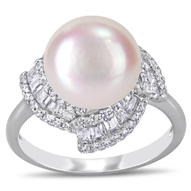 wedding rings for women -Miadora Sterling Silver Cultured FW Pearl and CZ Swirl Halo Ring (10-11 mm)