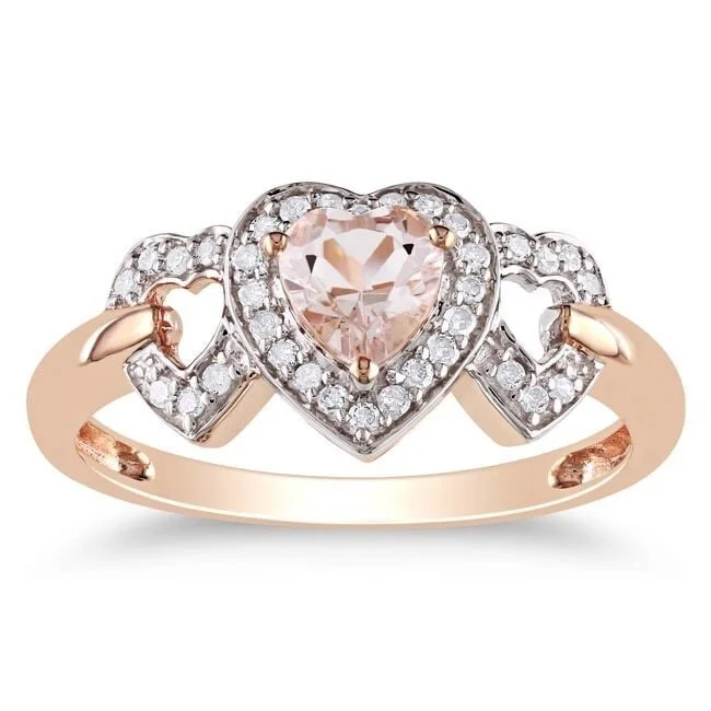 pearl rings for women -Miadora 10k Pink Gold Morganite and 1/8ct TDW Diamond Heart Ring (G-H, I2-I3)