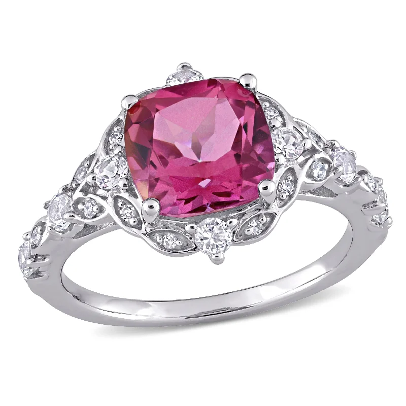 custom engraved rings -Miadora 10k White Gold Cushion-cut Pink Topaz White Sapphire and Diamond Accent Vintage Ring