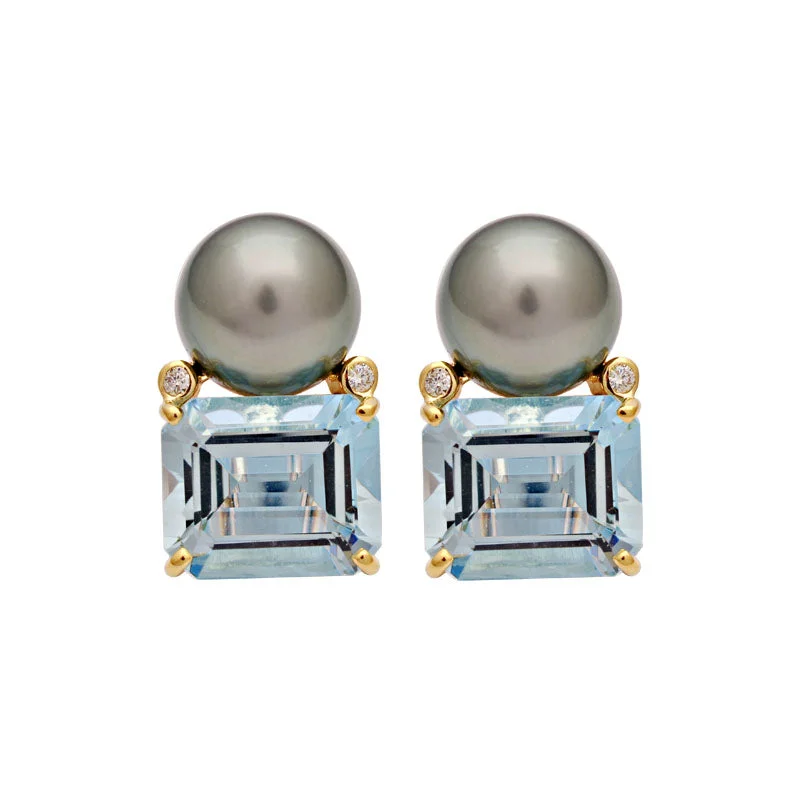 drop earrings for women -Earrings-Aquamarine, South Sea Pearl and Diamond