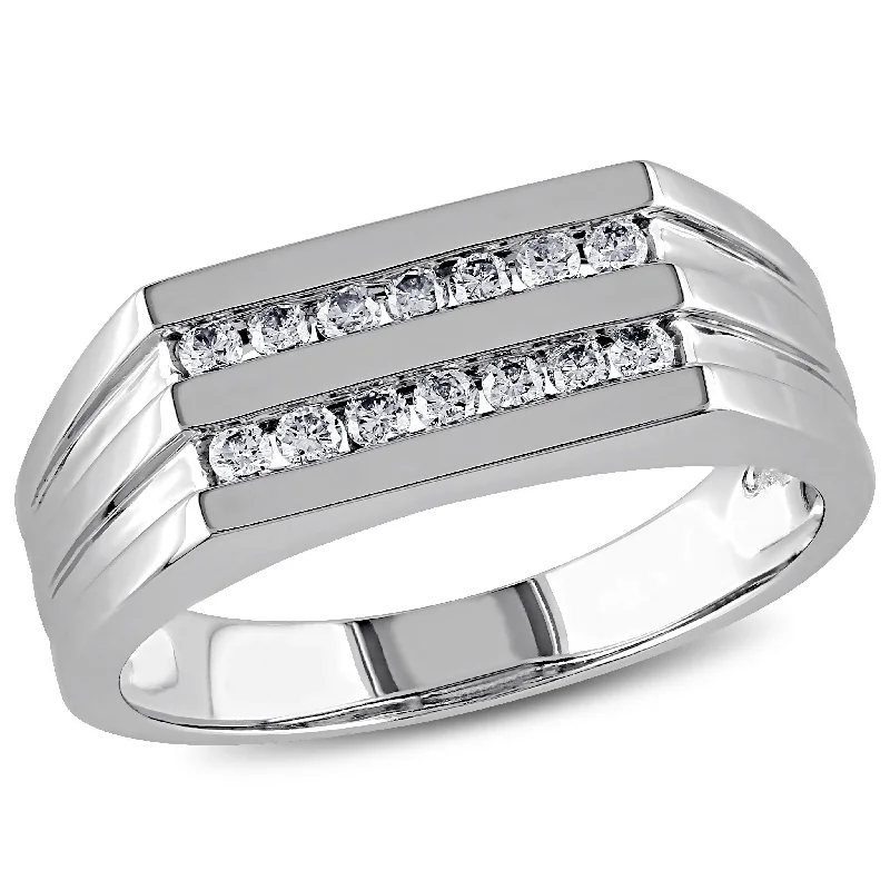 luxury diamond wedding rings -Miadora Mens 1/3 CT TW Diamond Triple Row Ring in 10k White Gold